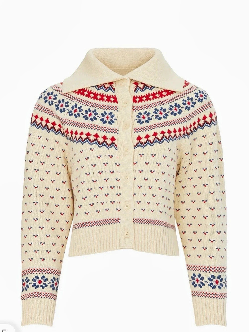 The Great. Fair Isle Cropped Cardigan in Cream